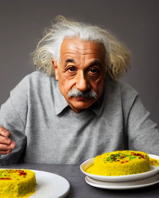 Prompt: a portrait of albert einstein sitting at the dining table with a plate containing dhokla in front of him, highly detailed, trending on artstation, bokeh, 9 0 mm, f / 1. 4