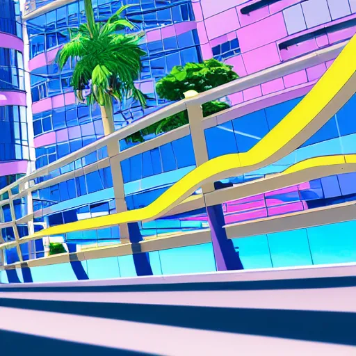 Image similar to oceanfront walkway, futuristic city, colorful city, curved railing, long railing, shining sea, cel - shading, 2 0 0 1 anime, cel - shaded, bright sunshine, jet set radio, mirror's edge, raytracing, toon - shading, strong shadows