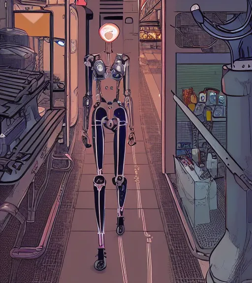 Prompt: a robot with a digitized female face for a head, walking through a market Industrial Scifi, detailed illustration, character portrait, by Martin Grip and Moebius