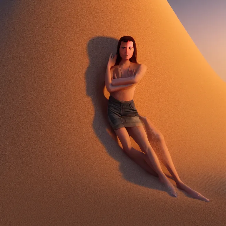 Prompt: octane render portrait by wayne barlow and carlo crivelli and glenn fabry, a beautiful symmetrical human face face inside of a gigantic huge colorful sand dune, inside a giant beautiful dessert at goldenhour, light beams, cinema 4 d, ray traced lighting, very short depth of field, bokeh