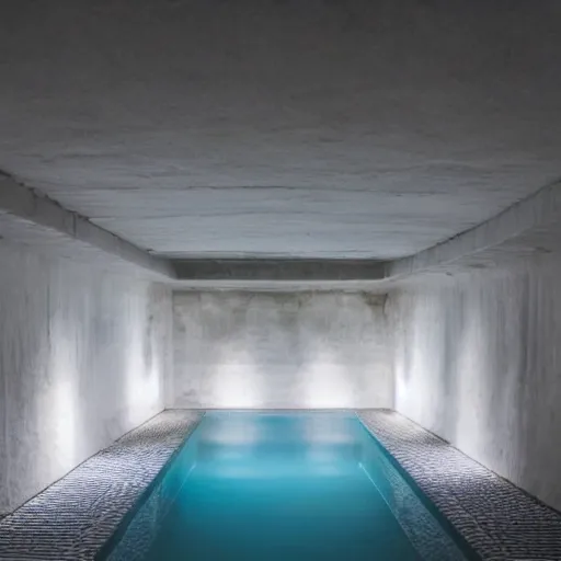 Image similar to a dimly lit underground pool made of white stone, surreal, liminal, eerie, minimalist, photo,