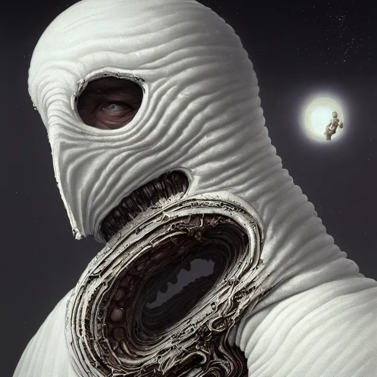 Prompt: portrait of white faceless man wearing white ribbed white scorpio as mask, wastelands on white exoplanet, baroque portrait painting, beautiful intricate insanely detailed octane render, artstation, 8 k artistic harsh flash photography, photorealistic, volumetric perfect light, chiaroscuro, raphael, caravaggio, beksinski, rutkowski, giger