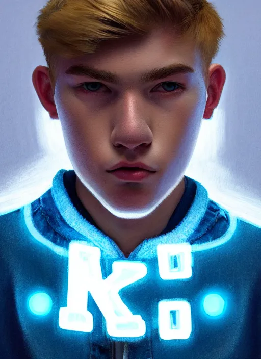 Image similar to portrait of high school senior boy named big moose, blonde short hair, jock, beefy, wide face, square jaw, square facial structure, blue varsity jacket with letter r, intricate, elegant, glowing lights, highly detailed, digital painting, artstation, concept art, sharp focus, illustration, art by wlop, mars ravelo and greg rutkowski