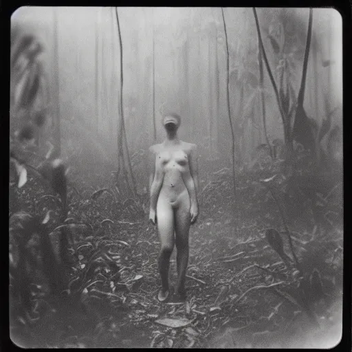 Image similar to an ancient evil-girl devouring the human souls on a mysterious Colombian jungle, mist, 1910 polaroid photography, grainy film, Black and white