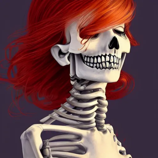 Image similar to cute & beautiful smug smiling undead skeleton girl with very attractive face and red hair dressed as a scientist, elegant, digital art, fullbody painting, fantasy, pixar style, painting, pin up, highly detailed, artstation, art by artgerm, vrubel, greg rutkowski, ilya kuvshinov, raymond swanland
