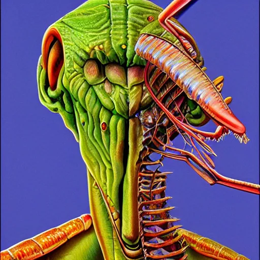 Image similar to beautiful lifelike painting of praying mantis, hyperreal detailed facial features and uv lighting, art by ed roth and basil wolverton