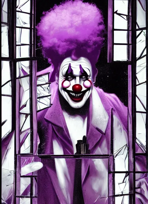 Image similar to a clown dressed in purple looking at himself in a broken shattered mirror. the clown is holding a candle. the mirror is cracked broken mirror shattered. dark moody natural lighting, by martin ansin