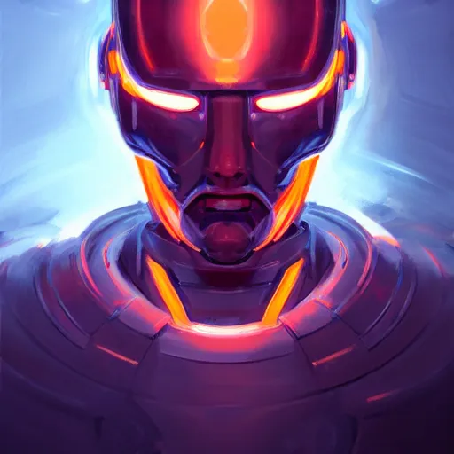 Prompt: Cybernetic man portrait, radiant orange light, in the style of WLOP and tony sart