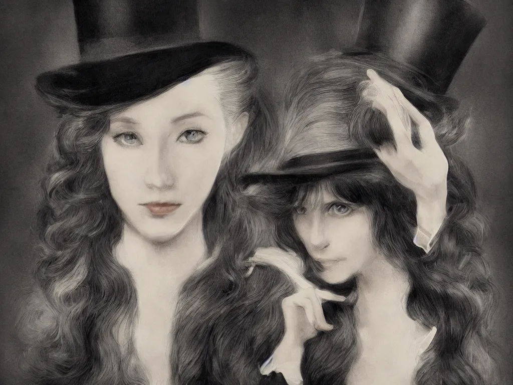 Image similar to Portrait of an elegant long haired lady wearing a gentleman suit and tophat in anime style，highly detailed, matte painting, noir, 70s, americana, photorealistic, ethereal ghostly atmosphere