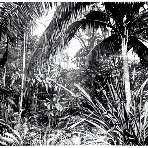 Image similar to a rizom lost film footage of a 3 d shape in the middle of the tropical jungle / tropicalism / tropicalism / tropicalism / film still / cinematic / enhanced / 1 9 2 0 s / black and white / grain