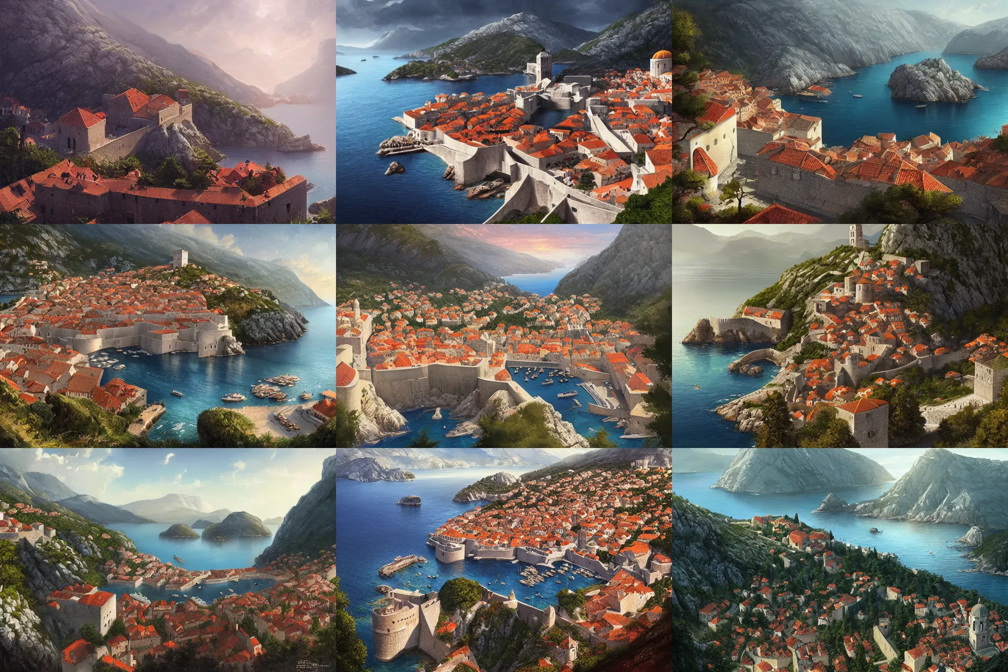 Prompt: dubrovnik in the caucasus mountains, highly detailed, digital painting, artstation, concept art, sharp focus, illustration, art by artgerm and greg rutkowski and raphael lacoste and magali villeneuve