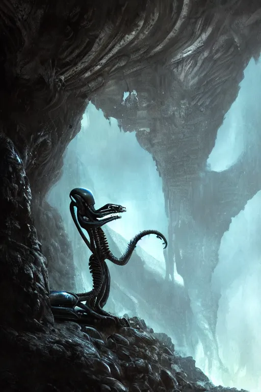 Image similar to alien xenomorph on a cave, close - up portrait, intricate, elegant, volumetric lighting, scenery, digital painting, highly detailed, artstation, sharp focus, illustration, concept art, luis rollo, ruan jia, steve mccurry, john berkey