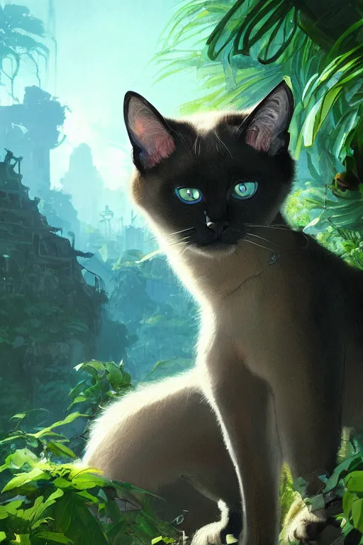 Prompt: highly detailed painting of a siamese cat with bright blue eyes, cinematic lighting, dramatic atmosphere, by Dustin Nguyen, Akihiko Yoshida, Greg Tocchini, Greg Rutkowski, Cliff Chiang, 4k resolution, luminous verdant jungle ruins background