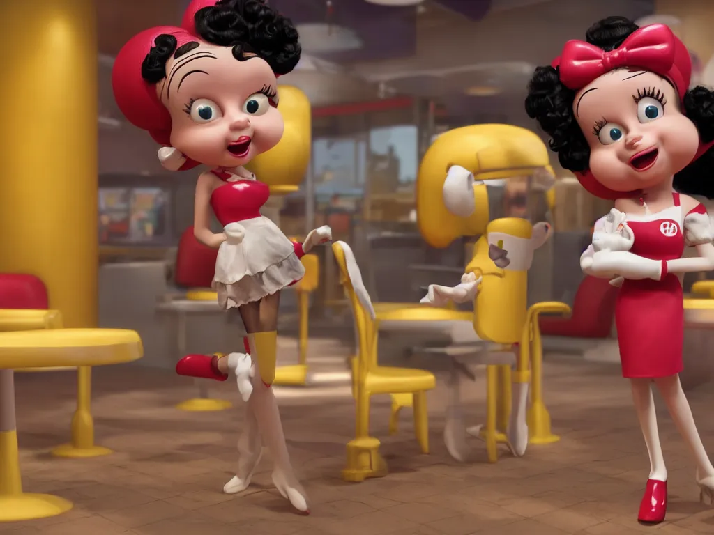 Prompt: anthropomorphic life size Betty Boop in Mc Donalds, real hair, dimly lit, liminal space, photorealistic, unrealengine octane 3d render