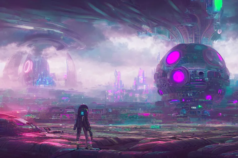 Prompt: a psychedelic realm with rolling plains made out of clouds, and a giant cyberpunk portal that leads into the multiverse, in the style of wlop, illustration, epic, fantasy, hyper detailed, smooth, unreal engine, sharp focus, ray tracing