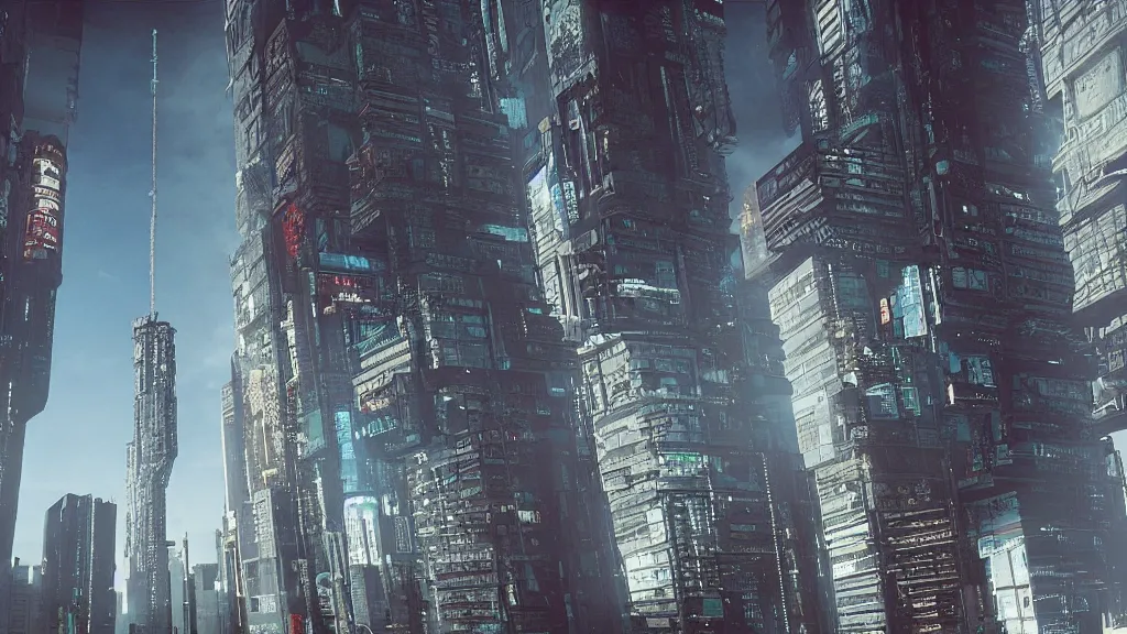 Image similar to an ancient cyberpunk tallbuilding, film still, epic shot cinematography