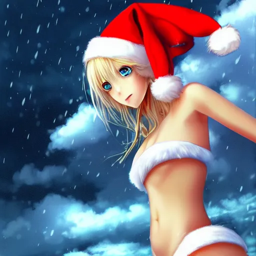 Prompt: full body shot : a very beautiful young blond anime girl on a snowstorm, santa hat, sky blue eyes,, bikini, miniskirt, highly detailed, cinematic wallpaper by stanley artgerm lau