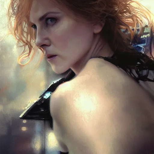 Image similar to nicole kidman, hyperrealistic portrait, bladerunner street, art of elysium by jeremy mann and alphonse mucha, fantasy art, photo realistic, dynamic lighting, artstation, poster, volumetric lighting, very detailed face, 4 k, award winning