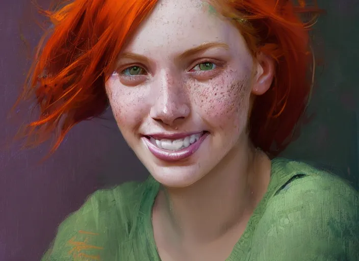 Image similar to portrait of a beautiful smiling girl with orange hair and freckles, green eyes, highly detailed, digital painting, concept art, smooth, sharp, focus, background is purple, rutkowski Jeremy Lipkin and Giuseppe Dangelico Pino and Michael Garmash and Rob Rey