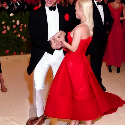 Prompt: a very handsome man in a suit dancing with a blonde woman in a red dress a the Met Gala