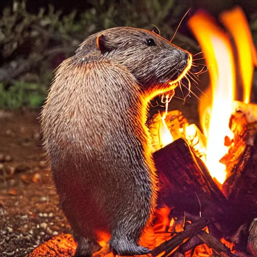 Prompt: beaver being spit roasted over a campfire at night, photograph