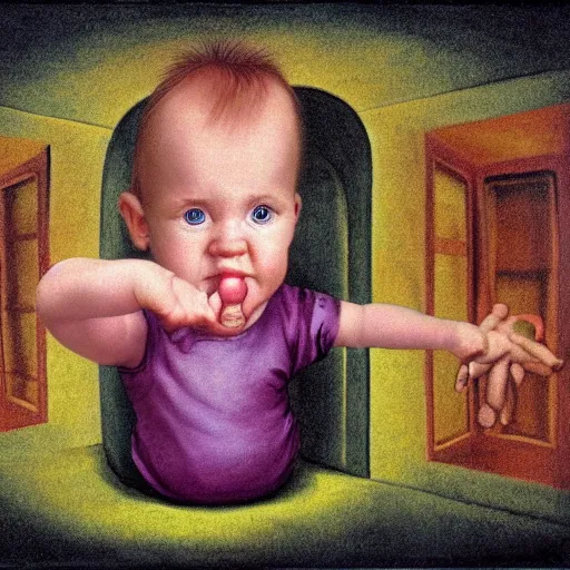 Image similar to a big head baby in floor inside a dark house, surrealism