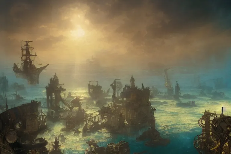 Image similar to a scenic view of the lost and abandoned city of Atlantic under water, ray of sunlight, shipwreck at the bottom of the sea, fish flocks, Greg Rutkowski, Moebius, Mohrbacher, Mucha, blue and gold color scheme, ultra wide angle, light effect