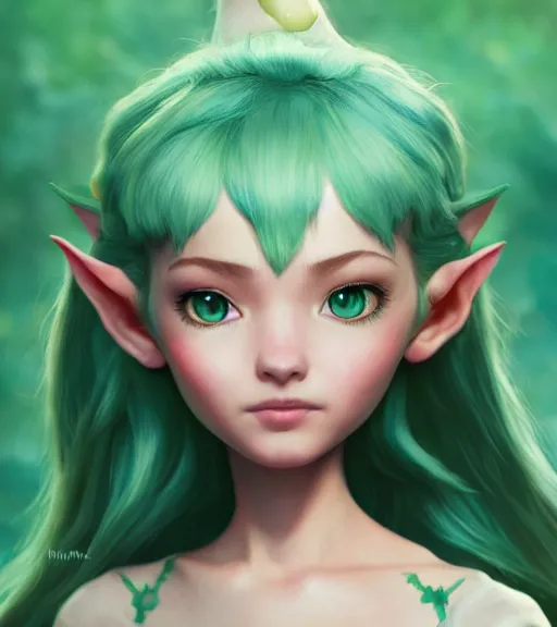 Prompt: An epic fantasy comic book style portrait painting of an extremely cute and adorable very beautiful mint elf, character design by Mark Ryden and Pixar and Hayao Miyazaki, unreal 5, DAZ, hyperrealistic, octane render, cosplay, RPG portrait, dynamic lighting, intricate detail, spring vibrancy, cinematic