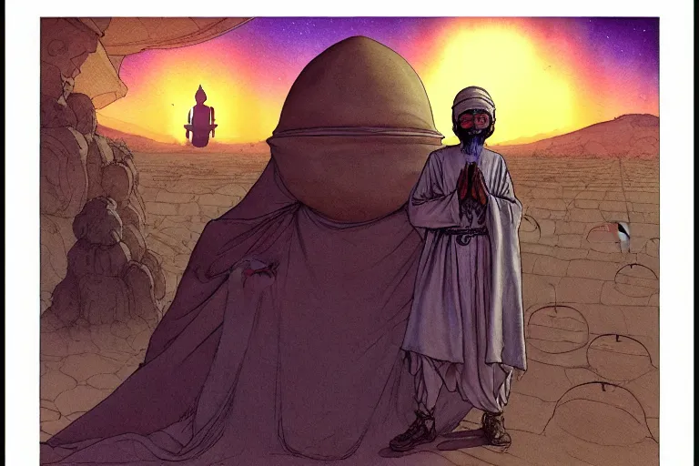 Image similar to a hyperrealist watercolour character concept art portrait of a middle eastern merchant praying in front of an alien with 1 2 eyes on a misty night in the desert. a ufo is in the background. by rebecca guay, michael kaluta, charles vess and jean moebius giraud