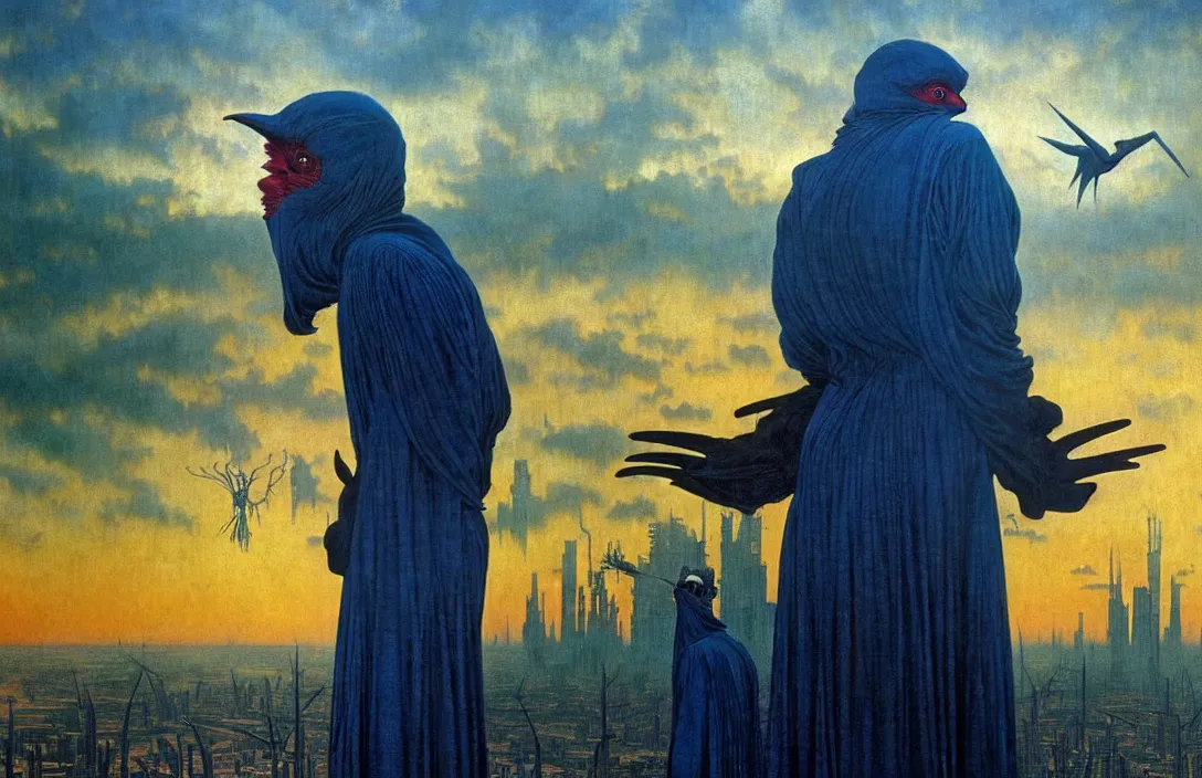 Prompt: realistic detailed portrait movie shot of a birdman wearing dark ragged robes, futuristic city sunset landscape background by denis villeneuve, amano, yves tanguy, alphonse mucha, ernst haeckel, max ernst, roger dean, rich moody colours, blue eyes