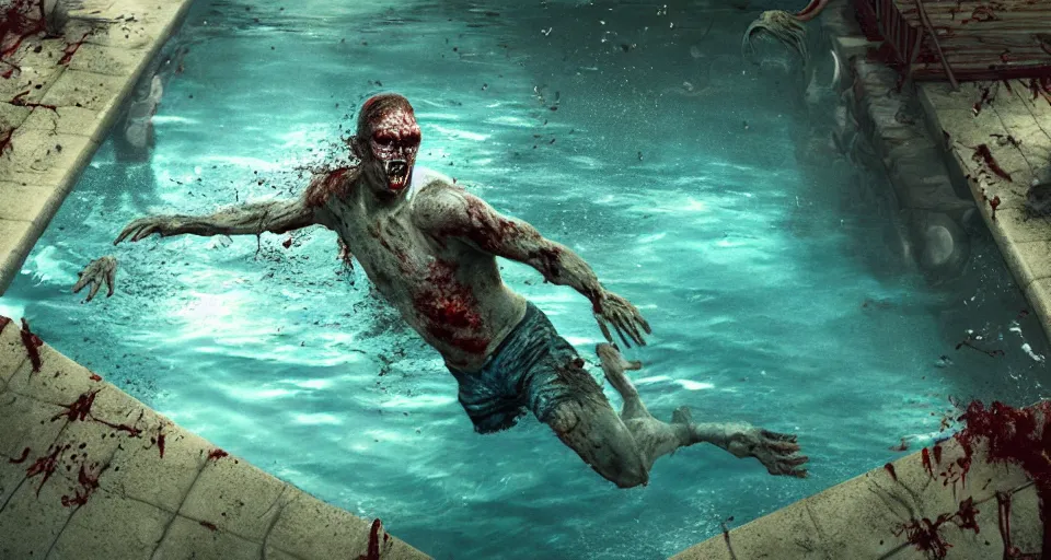 Image similar to highly detailed full body portrait of a zombie swimming underwater in a zombie - apocalypse, in a swimming pool, by greg rutkowski, octane render