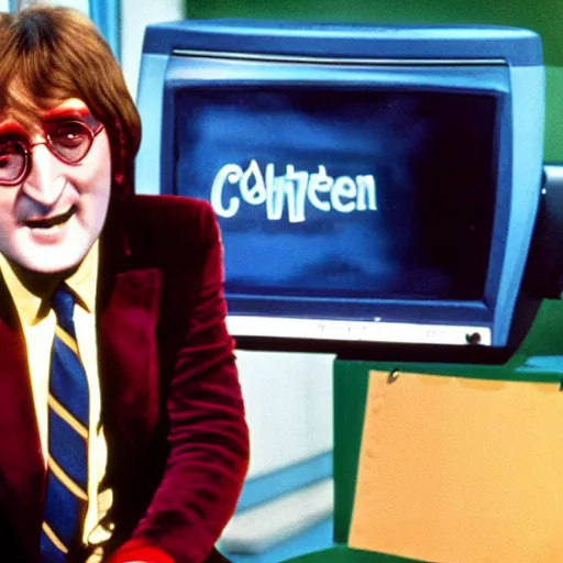 Image similar to on the full color tv set of captain kangaroo, john lennon is guest starring as the host, 7 0 s color grade