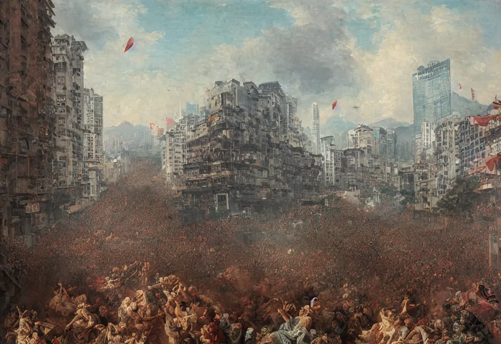 Image similar to 2 0 2 1 hong kong riot by jean honore fragonard. city buildings in the background.