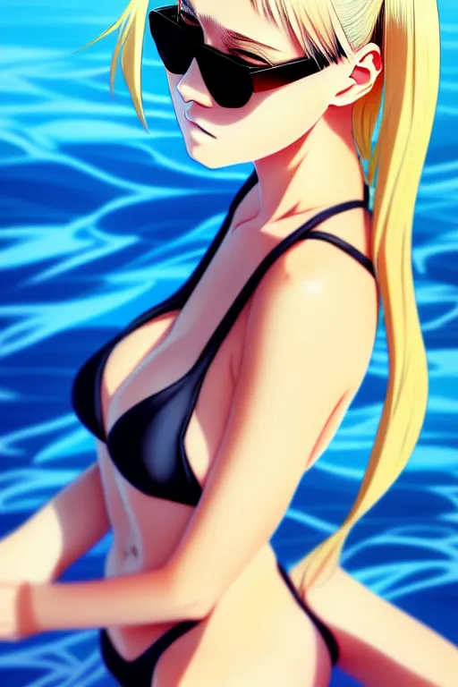 prompthunt: anime portrait of a handsome woman, brown hair, yellow - orange  eyes, wearing sunglasses and two - piece swimsuit, ilya kuvshinov, anime,  pixiv top monthly, trending on artstation, cinematic, danbooru, zerochan