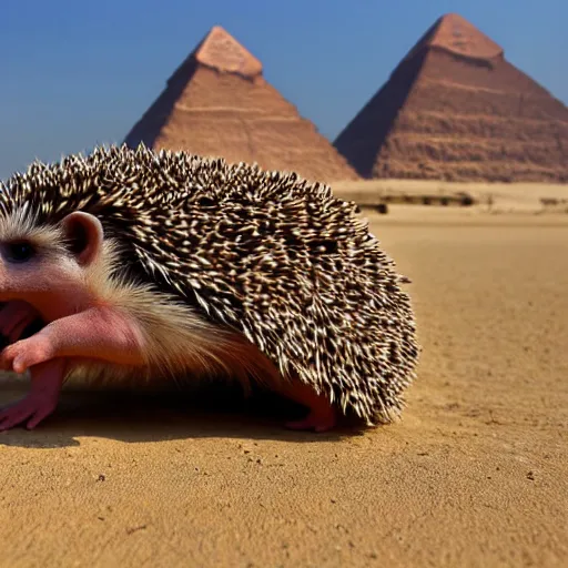 Image similar to a hedgehog as the egyptian sphynx statue, hd 4 k detailed photo, pyramids in the background