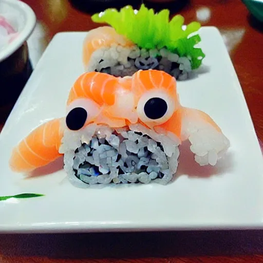 Prompt: cute creature made of sushi