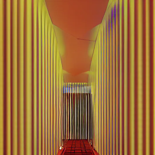 Image similar to noisy color photograph of a retrofuturist liminal space, twisting hallways, minimalist, cinematic, soft vintage glow, 3d render, photorealism