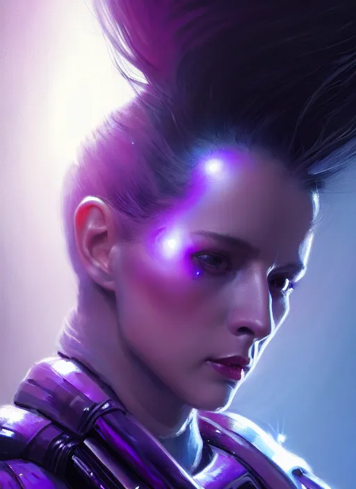 Image similar to top down lighting, close up, stunning portrait of a woman in purple leather sci - fi armor with a long black ponytail, purple eyes, spaceship hallways, intricate, fog, mist, god rays, spotlights, highly detailed, digital painting, artstation, concept art, smooth, sharp focus, illustration, art by wlop, mars ravelo and greg rutkowski