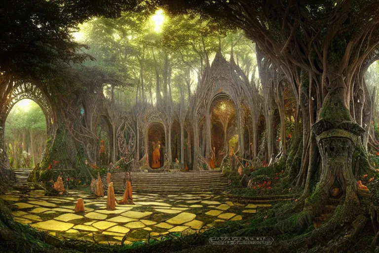 Image similar to a beautiful and highly detailed matte painting of a elven temple in lothlorien, psychedelic, celtic, intricate details, epic scale, insanely complex, 8 k, sharp focus, photorealism, artstation, cgsociety, by caspar friedrich, albert bierstadt, james gurney, brian froud,