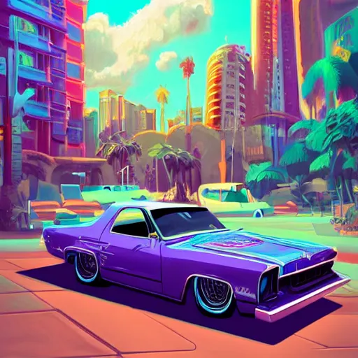 Image similar to swagger! lowrider culture, living large in the city by tyler edlin, editorial, bold colors, detailed, bold colors, miami vice, incredible lighting, great composition, artstation