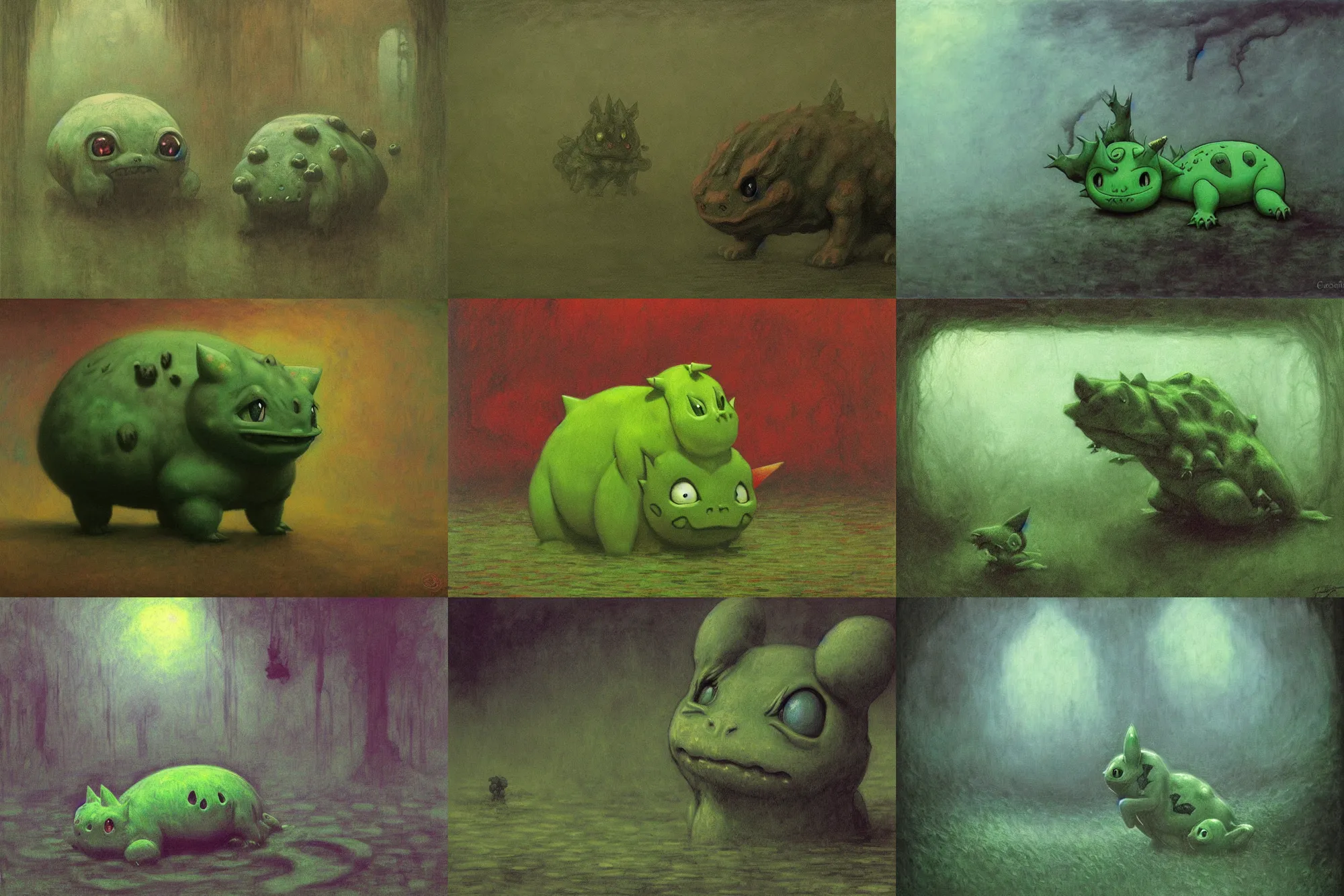 Prompt: gloomy eerie photo of bulbasaur. green cartoon pokemon animal. zdislaw beksinski, yoshitaka amano, creepy, horror, beautiful painting by claude monet 8 k