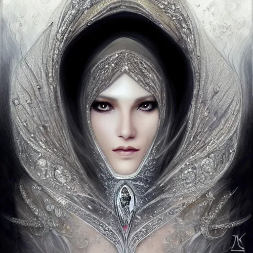 Image similar to a beautiful woman wearing a white niqab made of silver with jewelry and diamonds by alex gray and android jones, karol bak, ayami kojima, arabian, concept art, fantasy