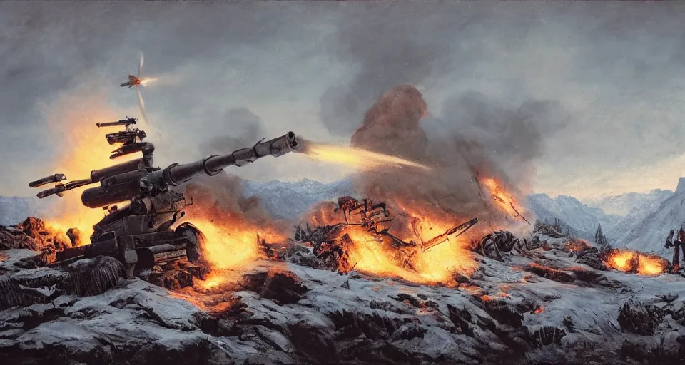 Image similar to second world war aftermath of huge battle on snowy mountain, with anti aircraft guns, with fire and smoke in the background by eugene von guerard, ivan shishkin, dramatic lighting, concept art, trending on artstation, 8 k