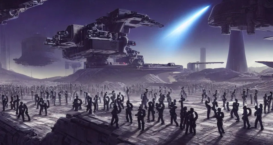 Prompt: a highly detailed digital matte painting of a mob of armed workers in power suits with laser rifles gathered outside a high-tech industrial building on the surface of an asteroid in space, by Raphael Lacoste and Stephan Martiniere and Peter Mohrbacher and Robert McCall, volumetric lighting, hyperdetailed, octane render, 8k H- 640
