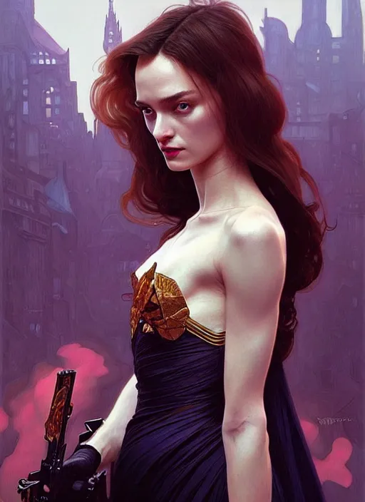 Image similar to “ beautiful daria strokous as a cruel femme fatale intricate, elegant, highly detailed, digital painting, artstation, concept art, movie still, smooth, sharp focus uhd 8 k, art by artgerm and greg rutkowski and alphonse mucha ”