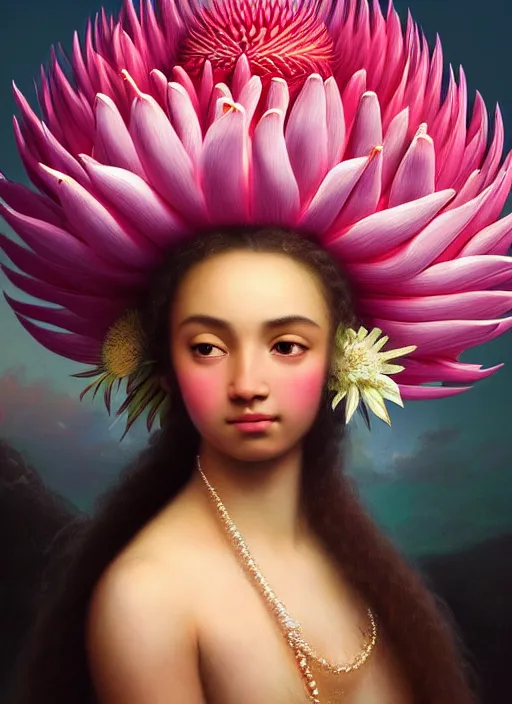 Prompt: stunning tahitian godess princess, detailed pink and white protea head peace against a black backdrop by ivan aivazovsky, 3 / 4 view portrait, wlop, super sharp details, photorealism, canon 5 d, 5 0 mm lens, stunning photoshot, beautiful soft lighting, muted colours, artstation