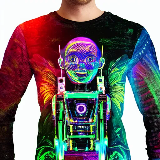 Image similar to photo of a black tshirt with a hyperdetailed portrait of a trippy robot, half robot, half human, 8 k, symetrical, flourescent colors, happy mood, multicolored,