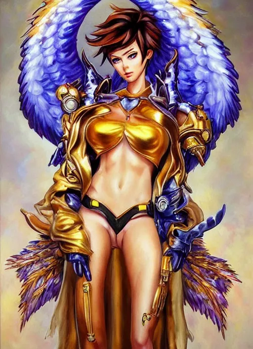 Image similar to full body oil painting of tracer overwatch in the style of julie bell, angel wings, dramatic painting, symmetrical composition, ornate, golden chains, silky garment, high detail, gold detailed collar!!!!!, blooming, angelic, lights, flowers, heavenly, bright, detailed face,