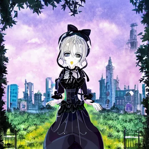 Image similar to beautiful android gothic lolita standing in a city taken over by nature , theme of sadness, melancholy, and dark beauty, high exposure