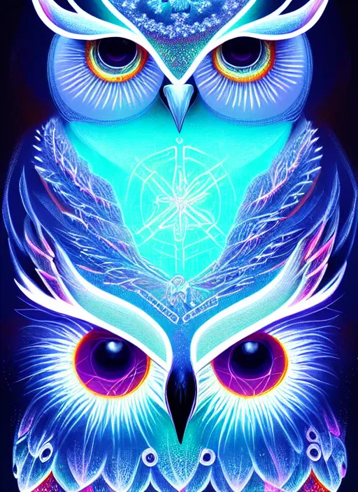 Image similar to symmetry!! product render poster vivid colors divine proportion owl, ice and snow, glowing fog intricate, elegant, highly detailed, digital painting, artstation, concept art, smooth, sharp focus, illustration,